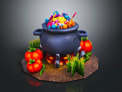 Decorative Ornament Set Featuring Black Cauldron Colorful Candies Orange Pumpkins And Green Grass Base 3d model