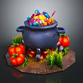 Decorative Ornament Set Featuring Black Cauldron Colorful Candies Orange Pumpkins And Green Grass Base