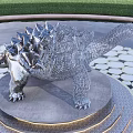Dinosaur Sculpture Silver Wire Mesh on Platform Golden Steps Water Pool Green Grass Blue Sky