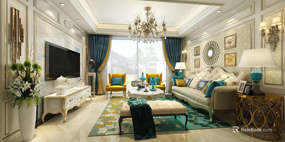 Luxury Classic European Style Living Room With Crystal Chandelier And Stylish Colorful Furnishings 3d model 
