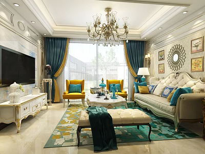Luxury Classic European Style Living Room With Crystal Chandelier And Stylish Colorful Furnishings 3d model