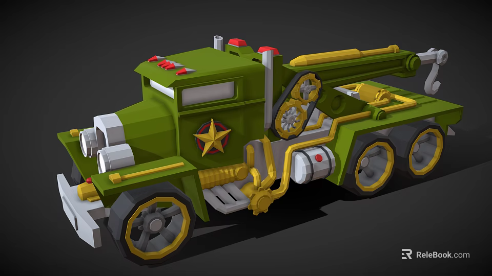 Green Functional Vehicle With Yellow Mechanical Arm Star Emblem Red Accents And Gray Wheels 3d model 