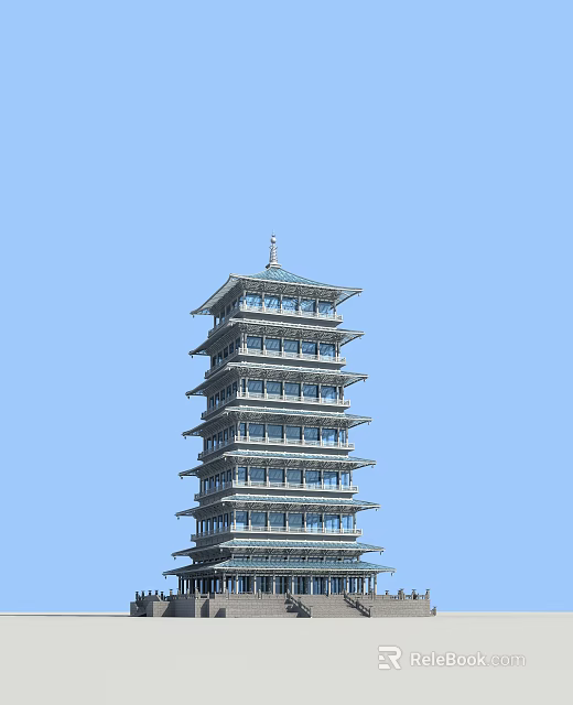 Traditional Multi Story Tower With Blue Roof And White Body Against Clear Blue Sky Background 3d model 