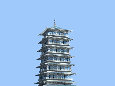 Traditional Multi Story Tower With Blue Roof And White Body Against Clear Blue Sky Background 3d model