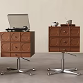 Modern Wooden Entryway Side Cabinet With Circular Drawers And Metal Wheel Base