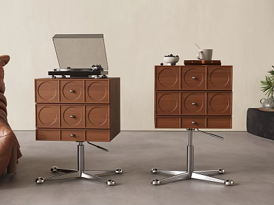 Modern Wooden Entryway Side Cabinet With Circular Drawers And Metal Wheel Base 3d model
