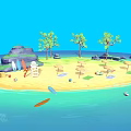 Cartoon Scene Of Tropical Island With Sandy Beach Trees Umbrellas Lounge Chairs Surfboards And Blue Sea