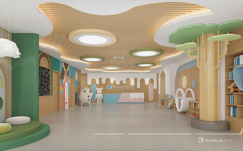 Bright Kindergarten Interior With Cartoon Decor And Play Spaces 3d model 