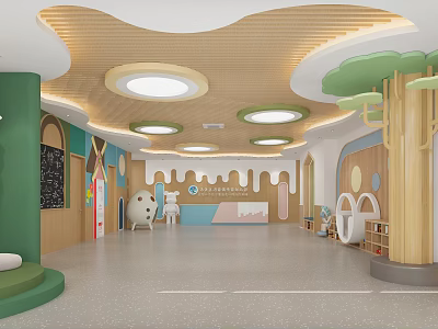 Bright Kindergarten Interior With Cartoon Decor And Play Spaces 3d model