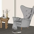 Modern Light Gray Wingback Single Sofa With Wooden Side Table And Knitted Blanket
