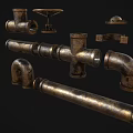 Vintage Brass Faucet Components With Rustic Metal Pipe Fittings And Textured Surfaces