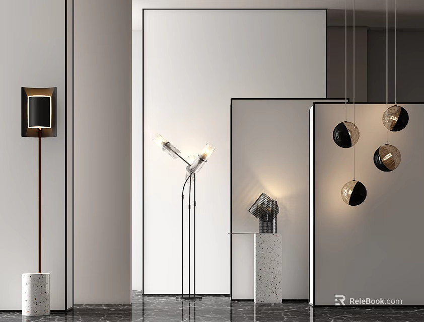 Modern Lighting Combination With Floor Lamp Pendant Lights And Wall Fixtures In Stylish Interior 3d model 