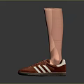 Red Sports Shoes Worn On Flesh Colored Prosthetic Legs Against Dark Background