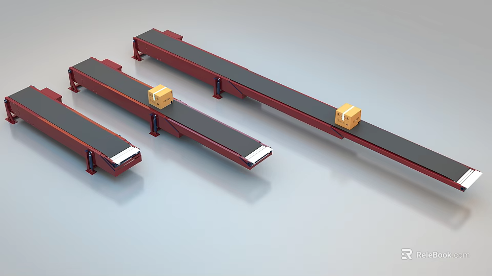 Red Industrial Conveyor Belts With Yellow Boxes For Material Handling 3d model 