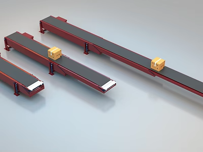 Red Industrial Conveyor Belts With Yellow Boxes For Material Handling 3d model