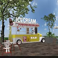 Mobile Ice Cream Business Equipment With Yellow White Canopy Awning And Outdoor Seating Tables Chairs