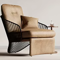Modern Beige Fabric Accent Chair With Black Metal Frame Cozy Cushion And Side Table