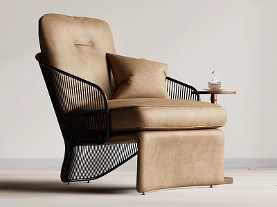 Modern Beige Fabric Accent Chair With Black Metal Frame Cozy Cushion And Side Table 3d model