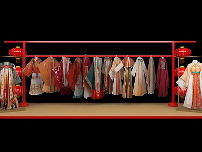 Colorful Traditional Chinese Clothing Display On Red Rack With Hanging Lanterns 3d model