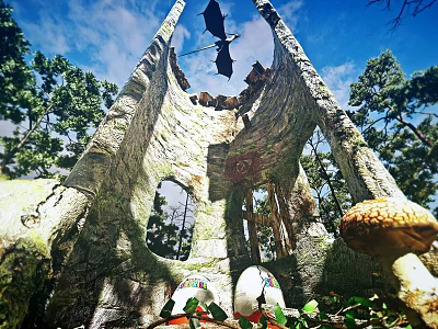 Cartoon Scene Featuring Tree Hollow Black Dragon Flying Colorful Eggs Mushrooms Green Trees Blue Sky 3d model
