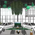 Modern 4S Dealership Showroom With White Cars Green Decor And Indoor Plants