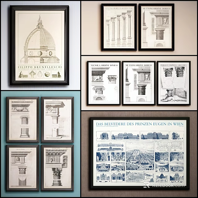 Vintage Architectural Drawing Prints With Columns Dome And Wall Frames 3d model