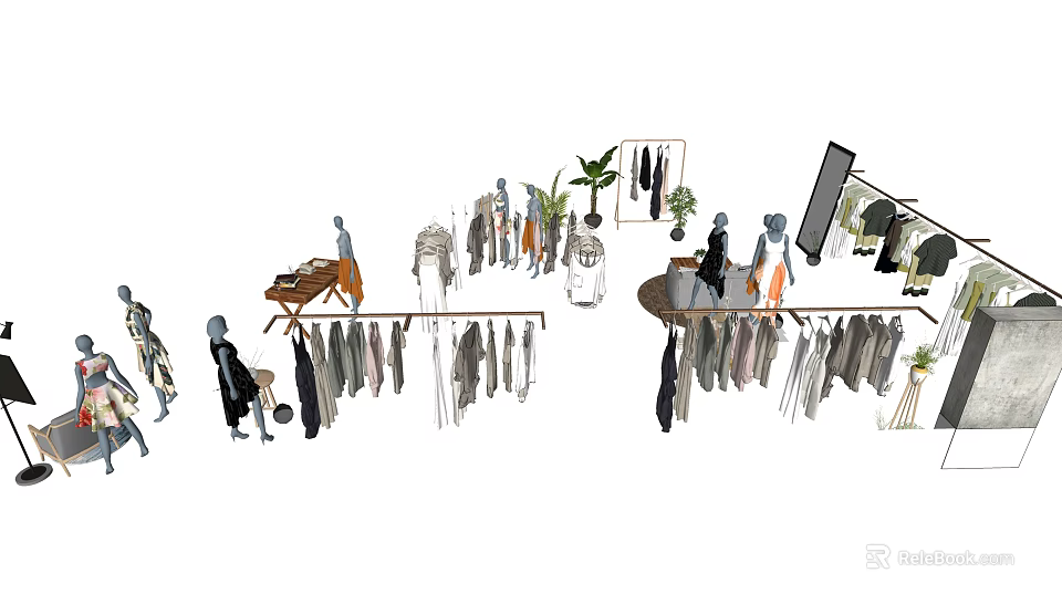 Clothing Racks With Hanging Apparel In Modern Retail Display Setup 3d model