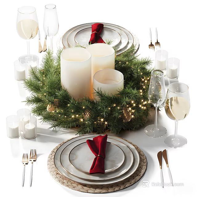 Elegant Tableware Set with Festive Wreath Candles and Glasses 3d model 