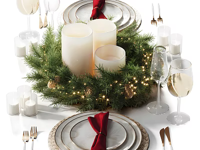 Elegant Tableware Set with Festive Wreath Candles and Glasses 3d model