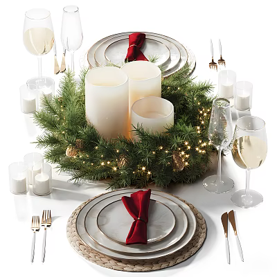 Elegant Tableware Set with Festive Wreath Candles and Glasses 3d model Elegant Tableware Set with Festive Wreath Candles and Glasses 3d model