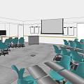 School Classroom With Teal Chairs Desks Large Screen And Projector Setup 3d model