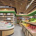 Modern Grocery Supermarket Interior Featuring Snack Area Wooden Shelves And Assorted Products