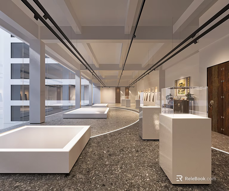 Modern Cultural Center Interior With Open Exhibition Space And White Display Platforms 3d model 