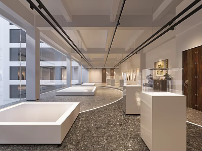 Modern Cultural Center Interior With Open Exhibition Space And White Display Platforms 3d model