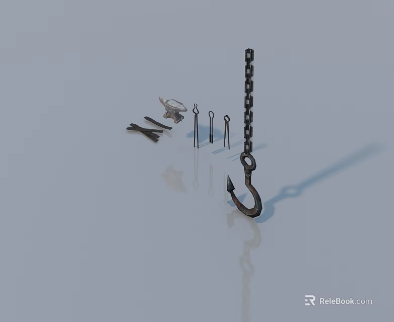 3D Model Display Of Fishing Hook With Chain And Small Tools Like Pliers 3d model 