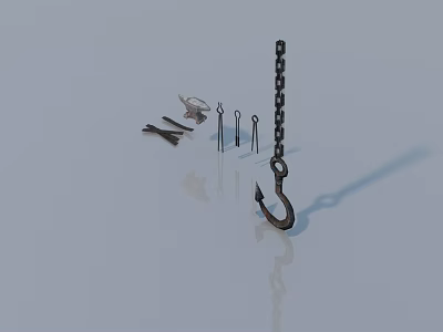 3D Model Display Of Fishing Hook With Chain And Small Tools Like Pliers 3d model
