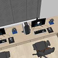 Modern Gaming Desk Setup With Dual Monitors RGB Keyboard Gaming Chairs And Window Blinds