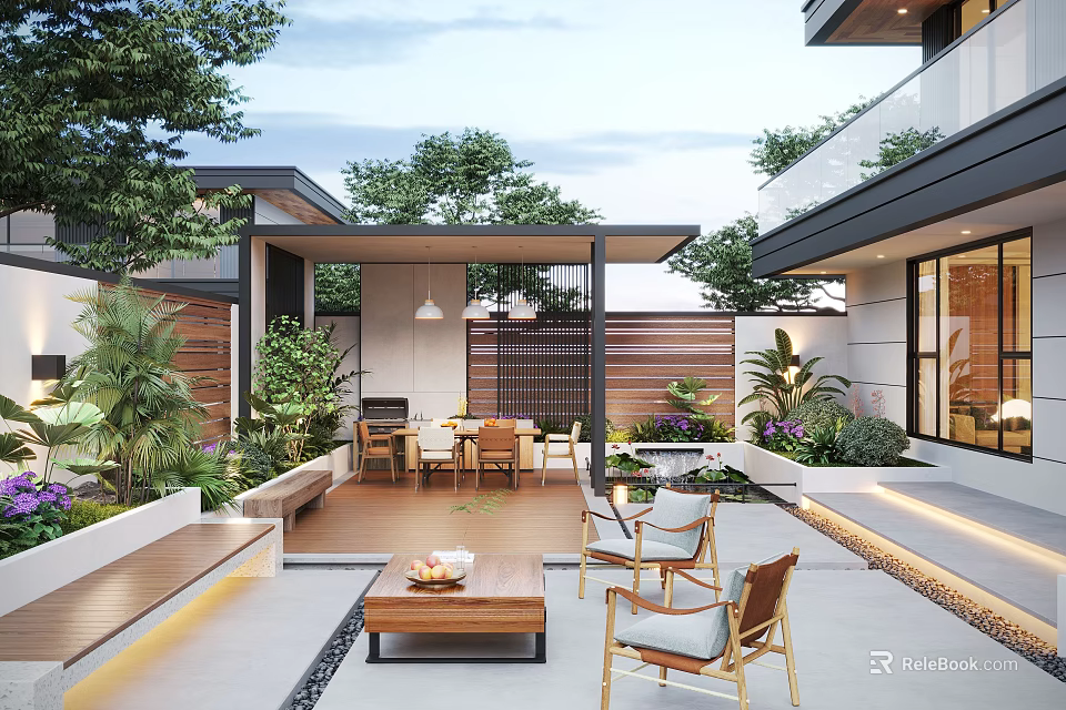 Modern Courtyard Garden Design With Wooden Deck Outdoor Seating And Green Plants 3d model 