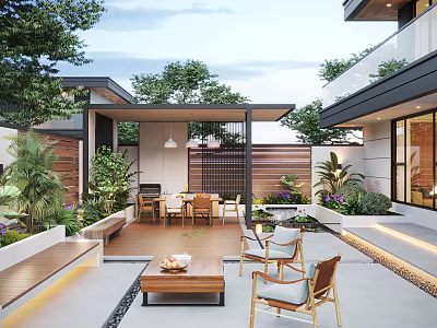 Modern Courtyard Garden Design With Wooden Deck Outdoor Seating And Green Plants 3d model