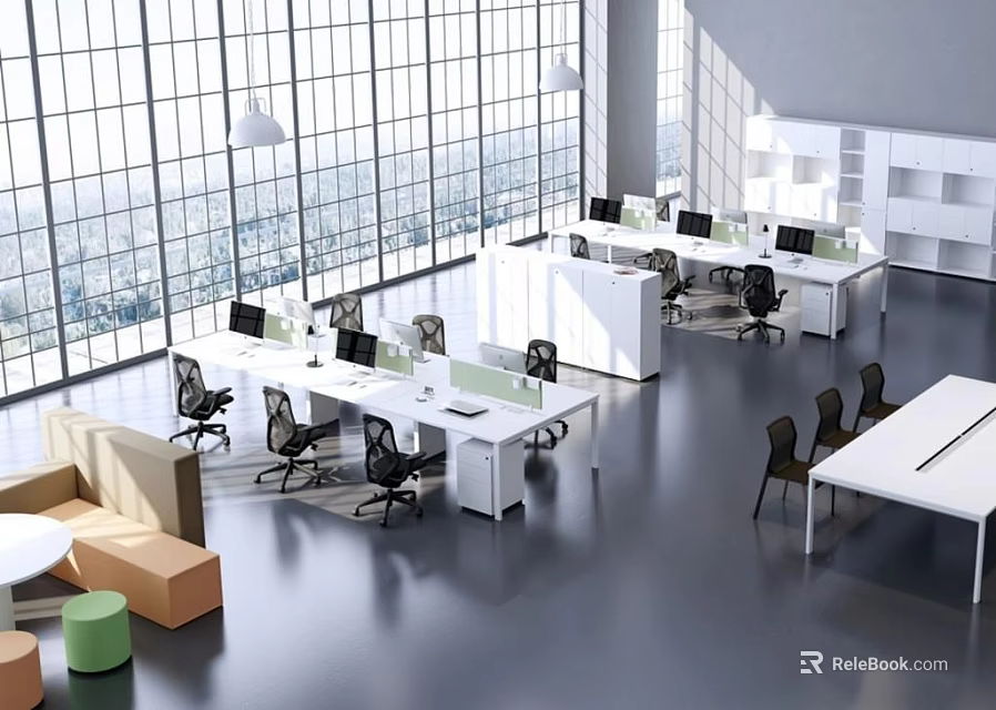 Modern Office Workspace With Office Desks Computers Office Chairs And City View Through Large Windows 3d model 