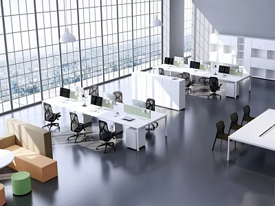 Modern Office Workspace With Office Desks Computers Office Chairs And City View Through Large Windows 3d model