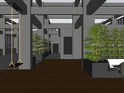 Modern Casual Lounge Area With Gray Pillars Wooden Flooring Hanging Swing And Bamboo Plants 3d model