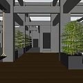 Modern Casual Lounge Area With Gray Pillars Wooden Flooring Hanging Swing And Bamboo Plants