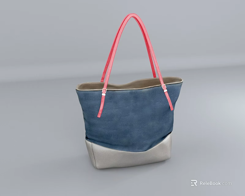 Stylish Blue And Silver Tote Bag With Pink Handles And Canvas Fabric Design 3d model 