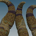 Three Curved Garden Ornaments With Intricate Patterns And Gold Purple Details