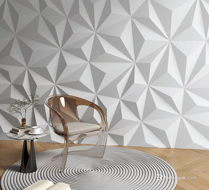 Geometric Pattern Gray White Wall With Transparent Chair Small Round Table And Plant 3d model 
