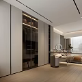 Modern Minimalist Bedroom Interior With Glass Door Wardrobe Bed And Nightstand Decor