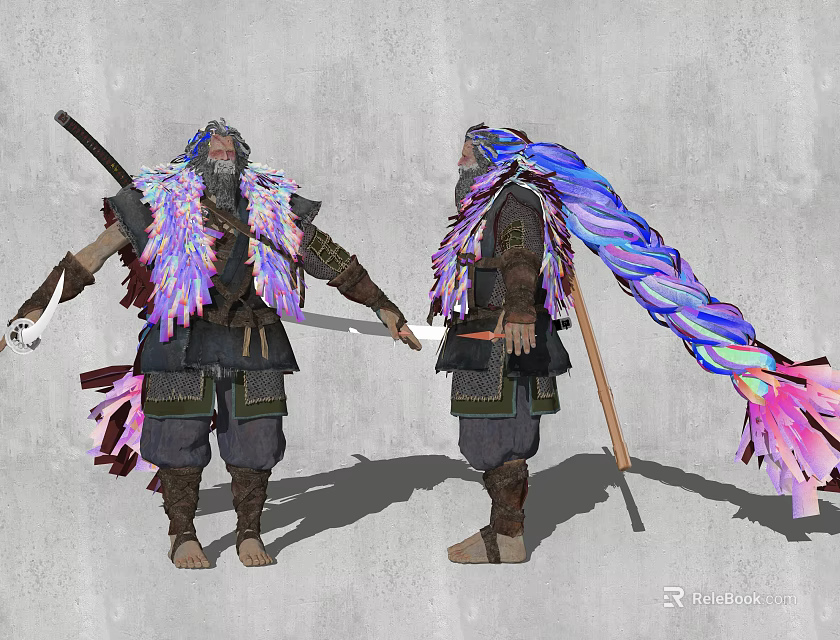 Man with colorful long hair holding long staff in feathered outfit dark pants brown boots 3d model 