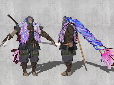 Man with colorful long hair holding long staff in feathered outfit dark pants brown boots 3d model