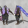 Man with colorful long hair holding long staff in feathered outfit dark pants brown boots